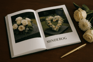 Smuk mindebog med blomsterbillede, symbol på kærlighed og respekt, til bisættelse eller mindehøjtidelighed.