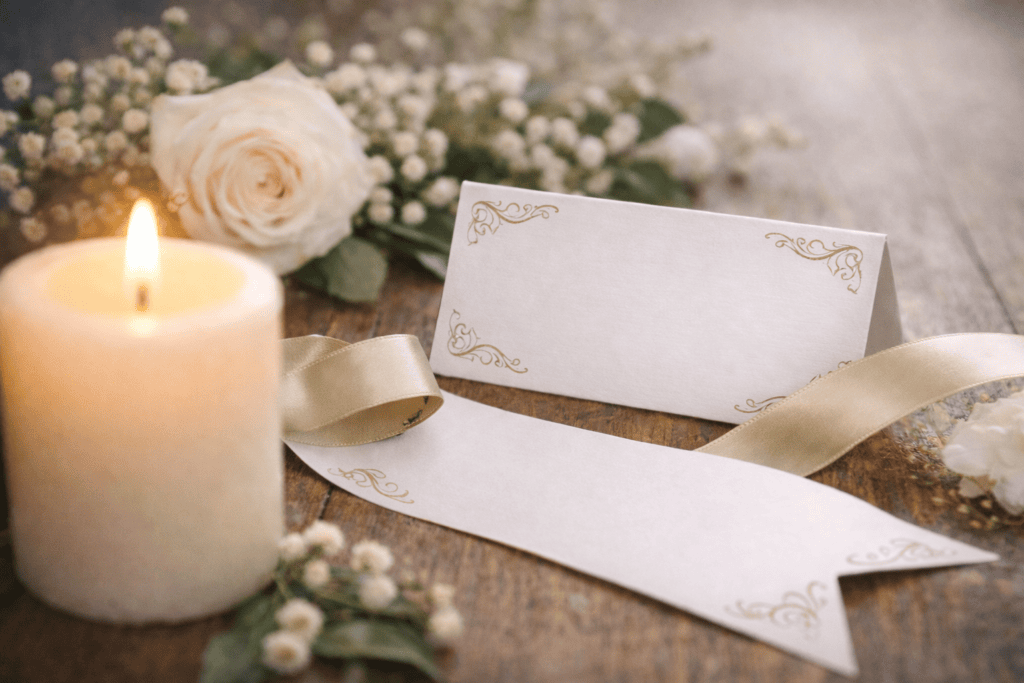 Kondolencekort og silkebånd ved blomster og lys i stille mindestemning