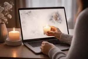 Dødsannoncer - Hænder tænder et lys ved en mindeside på en laptop med hvide blomster i rolige omgivelser.