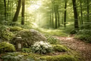 Skovbegravelse i roligt skovmiljø med natur og fredfyldt stemning
