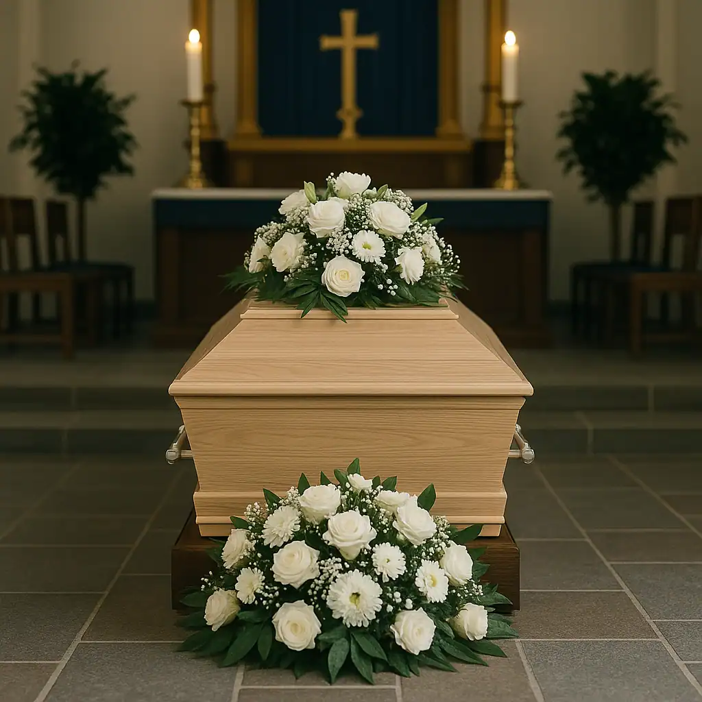 Begravelse - kiste med blomsterdekoration ved afskedsceremoni