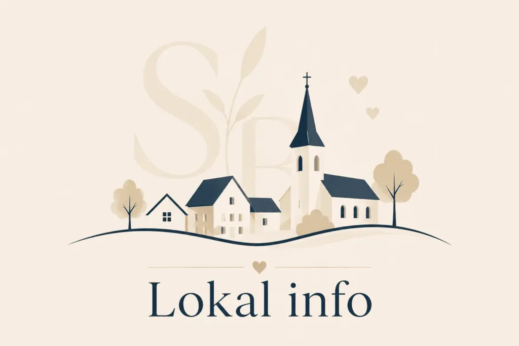 Lokal info ikon med landsby, kirke og Stofsky Begravelses monogram i rolige beige og mørkeblå farver