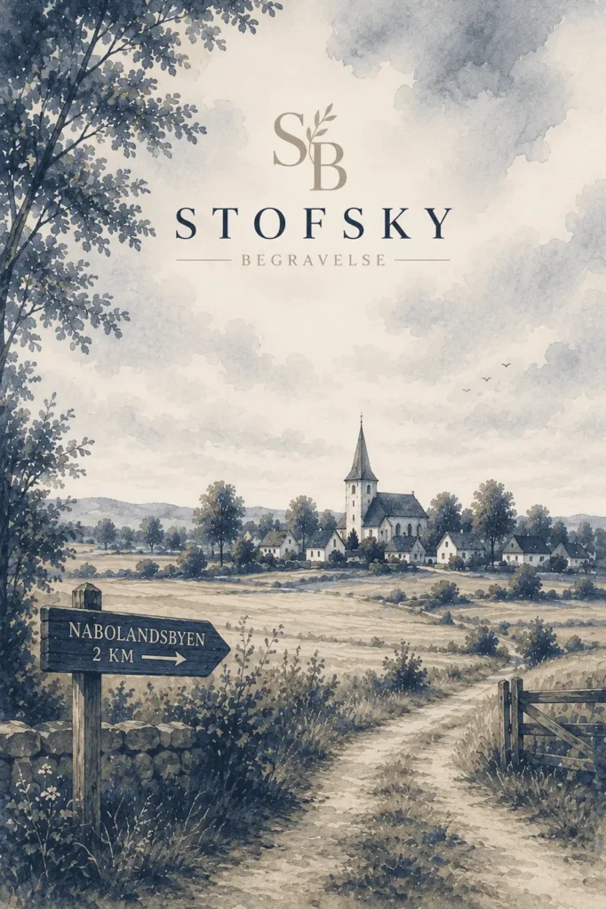 Tegnet kirke i en nærliggende landsby set på afstand i klassisk maleristil med Stofsky Begravelses blå farver.