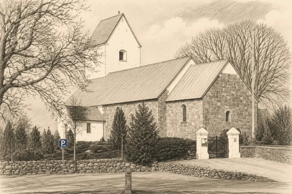 Tegnet illustration af Spentrup Kirke med hvidt tårn, stenkirke og kirkegårdsmur i klassisk Stofsky-stil