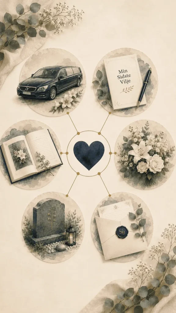 Illustration af bedemandstjenester hos Stofsky Begravelse med hjerte i midten og symboler for rustvognskørsel, Min Sidste Vilje, mindebog, blomster, gravsten og begravelseshjælp.