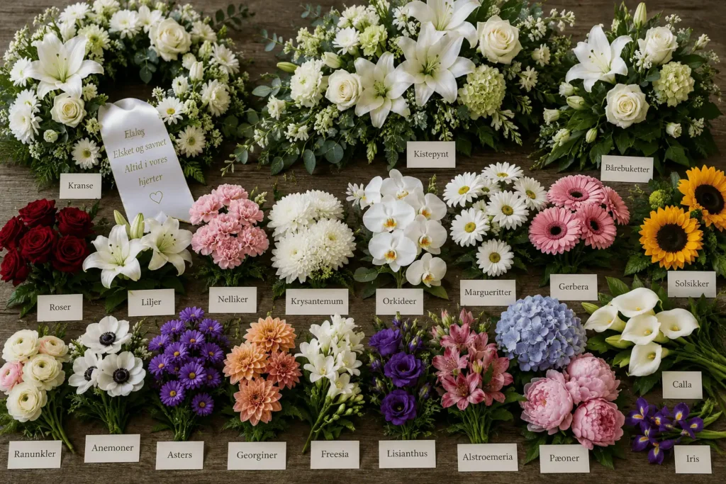 Forskellige begravelsesblomster med symbolik og betydning til begravelse og bisættelse