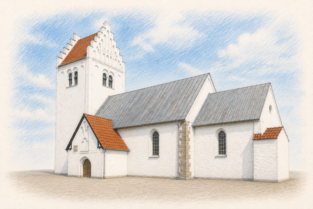 Tegnet illustration af Egå Kirke i Aarhus i klassisk akvarel- og farveblyantsstil