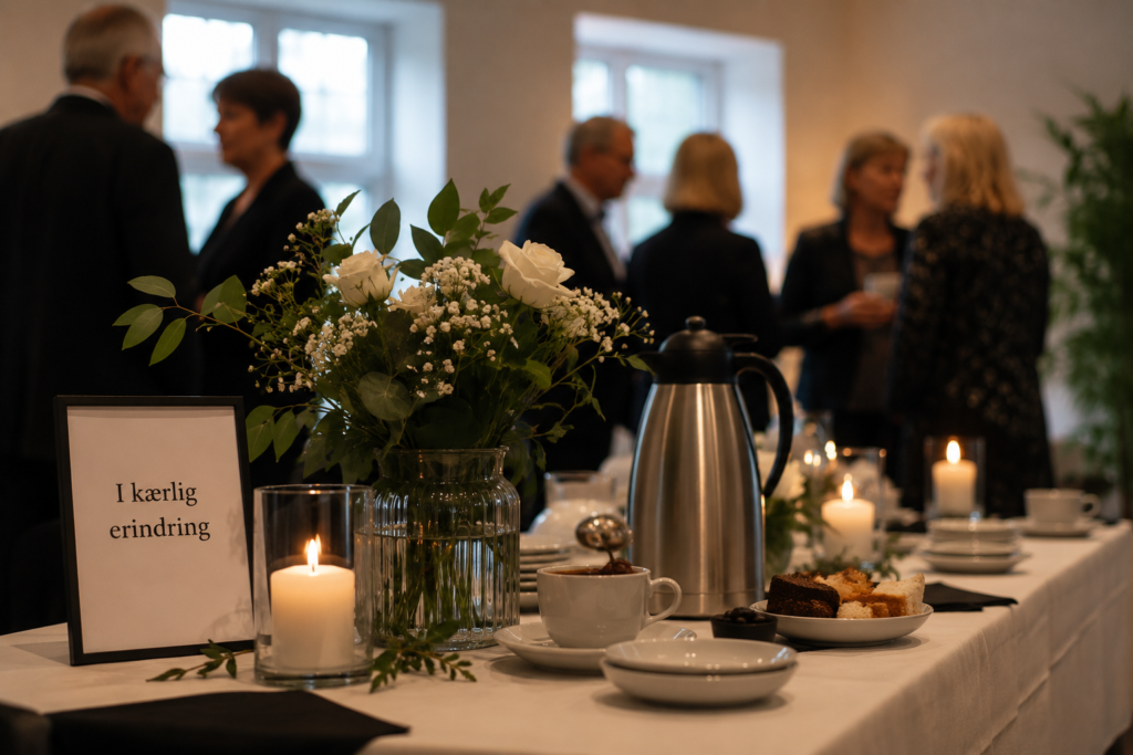 Mindehøjtidelighed efter begravelse med kaffe, blomster og samvær mellem familie og venner