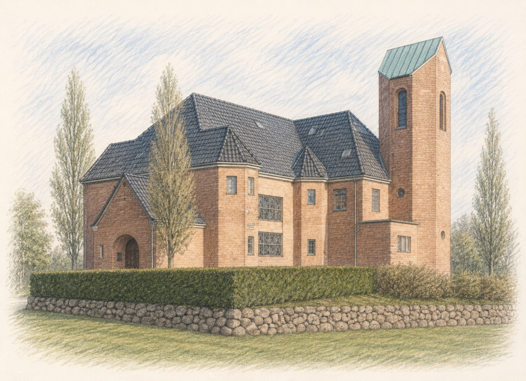 Tegnet illustration af Risskov Kirke i Aarhus i klassisk akvarel- og farveblyantsstil