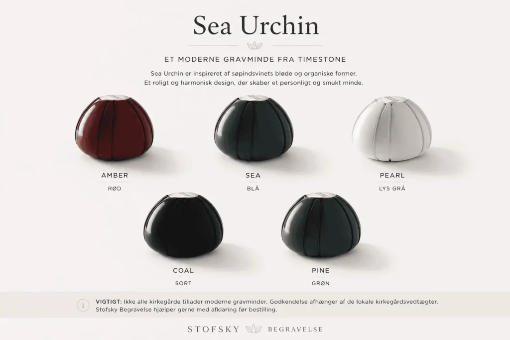 Timestone Sea Urchin moderne gravminder i farverne rød, blå, lys grå, sort og grøn