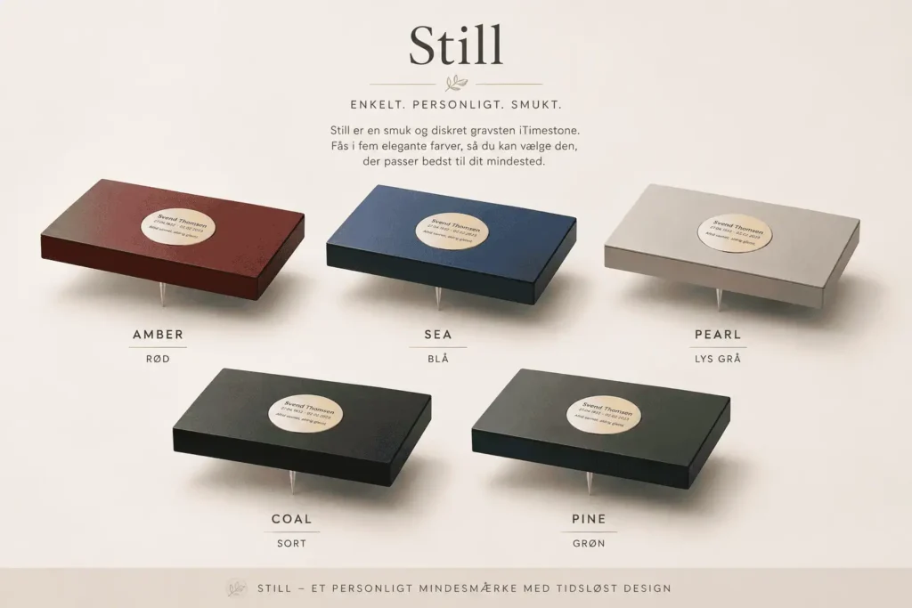 Timestone Still gravsten i flere farvevarianter med rund messingplade til gravsted