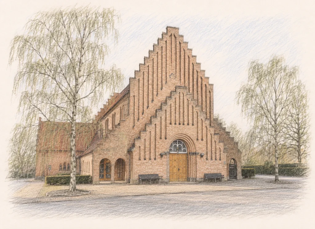 Tegnet billede af Vestre Store Kapel i Aarhus.