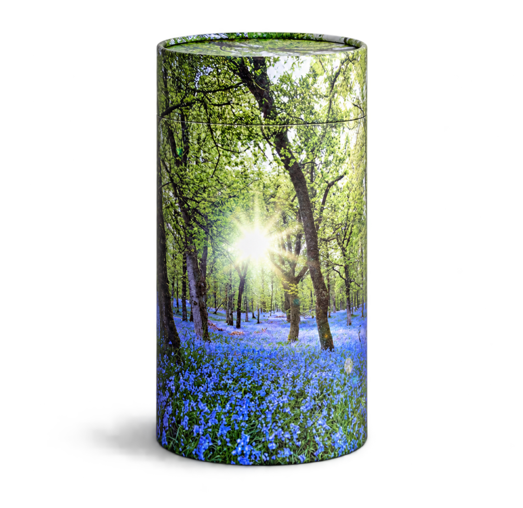 Blomstrende skov med sollys - tube urne