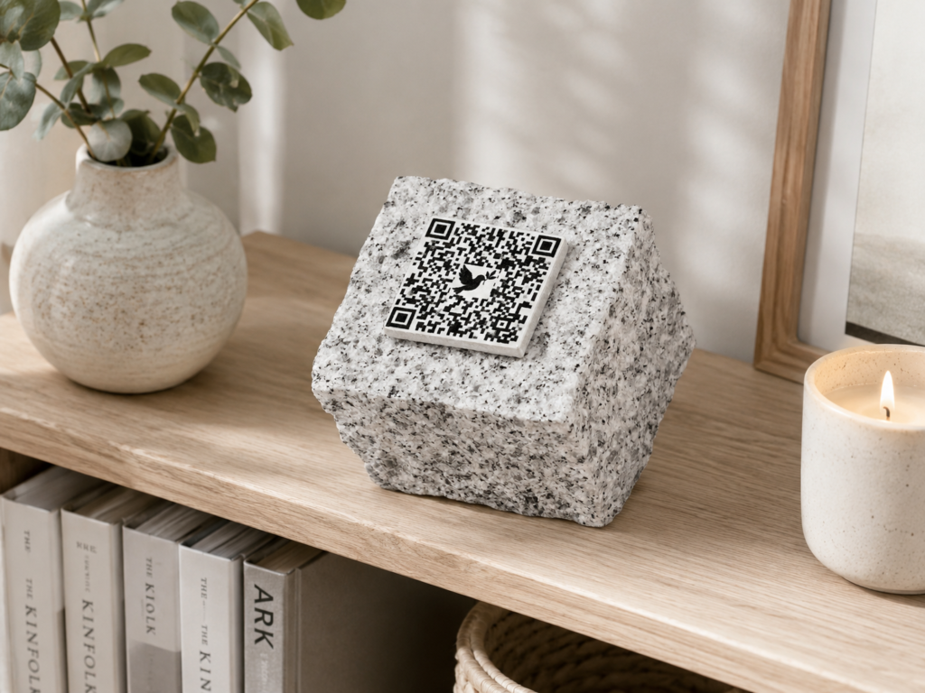 Grå sten med QR-kode på hylde